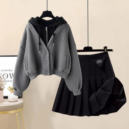 Hooded Zipper Top & Pleated Skirt Set Streetwear