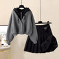 Hooded Zipper Top & Pleated Skirt Set Streetwear