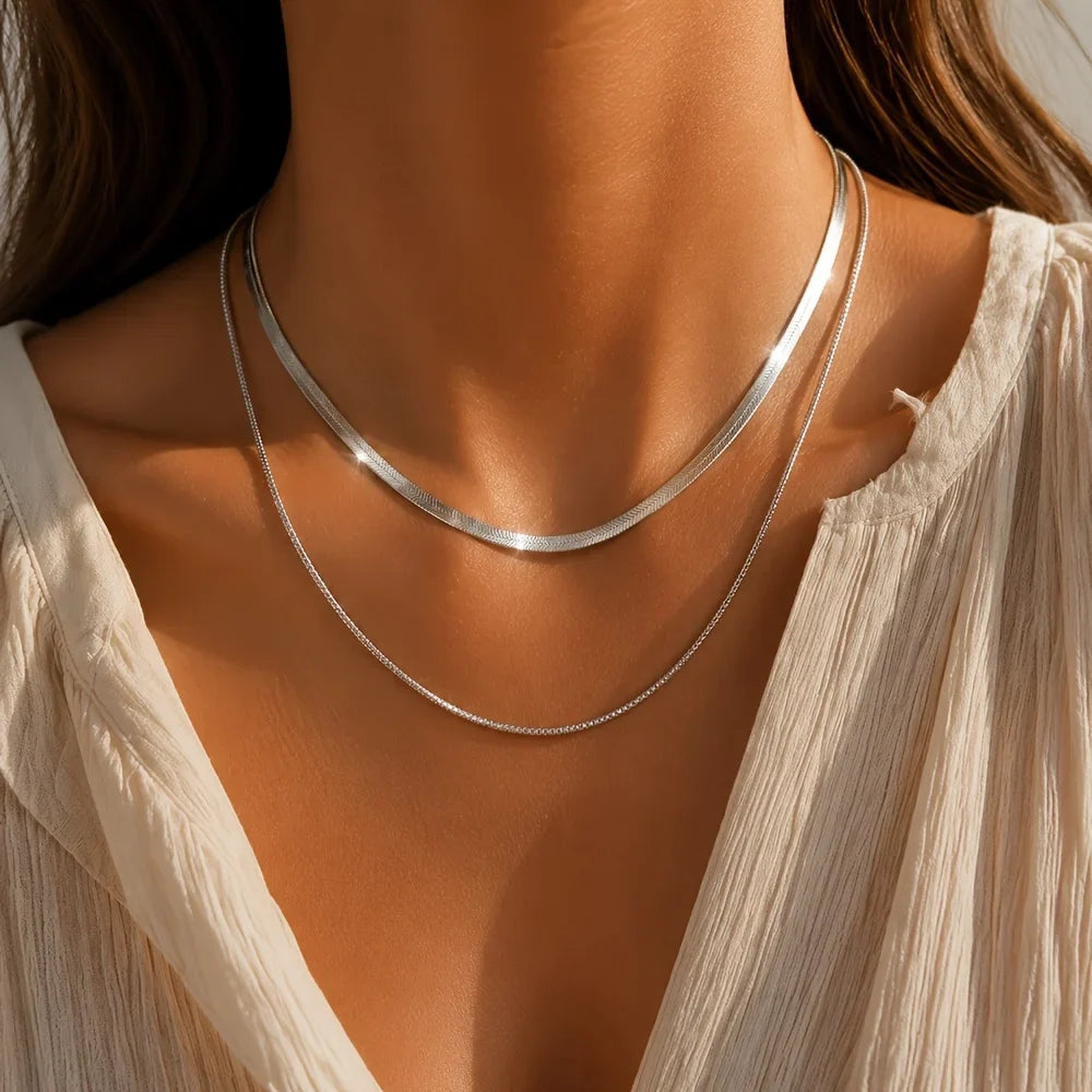 2-Piece Set of Snake Bone Chains, Simple and Stylish Casual 304L Stainless Steel Double-Layered Necklaces, Unisex, Fashionable and Elegant, Comfortable and Versatile