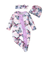 Spring and summer baby newborn zip-up footed onesie set, including a hat and a scarf, three-piece set