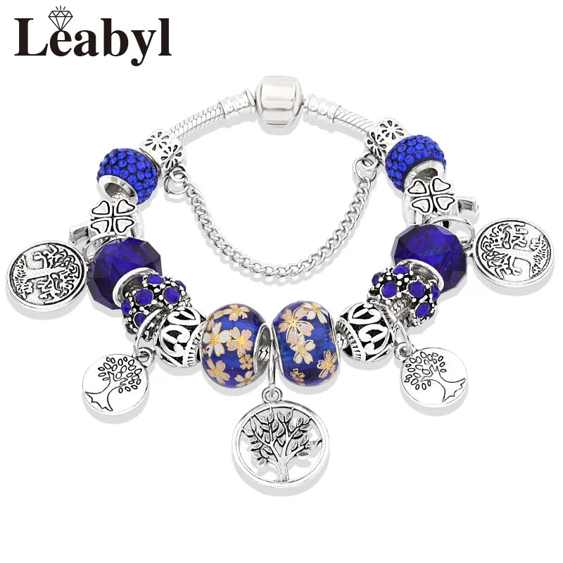 Antique Tibetan Silver Tree of Life Charm Bracelets Green Crystal Flower Bead Bracelet with Heart Diy Jewelry Pulsera Mujer