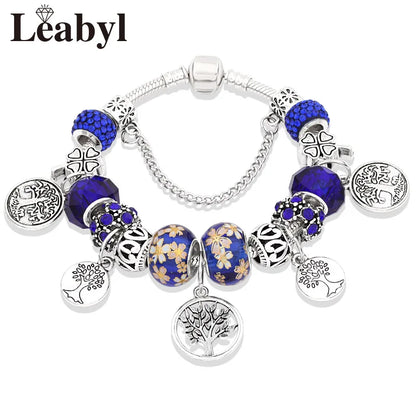 Antique Tibetan Silver Tree of Life Charm Bracelets Green Crystal Flower Bead Bracelet with Heart Diy Jewelry Pulsera Mujer
