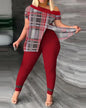 Two Piece Sets Women Outifits 2023 Spring Fashion Geometric Print Slant Neck Short Sleeve Hem Slit Top & Casual Skinny Pants Set