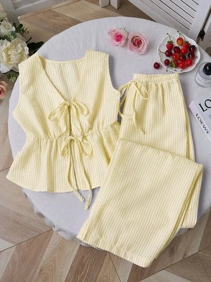 Summer Two Piece Set Women Striped V Neck Lace Up Sleeveless Blouse