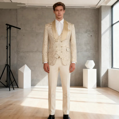 Champagne Jacquard 3-Piece Men's Formal Smoking Suit with Shaw Lapel