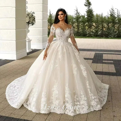 Azure Customized Women A-Line Wedding Dresses Sexy Lace Long Sleeves Tulle Bridal Gowns Engagement Banquet Robes De Mariee