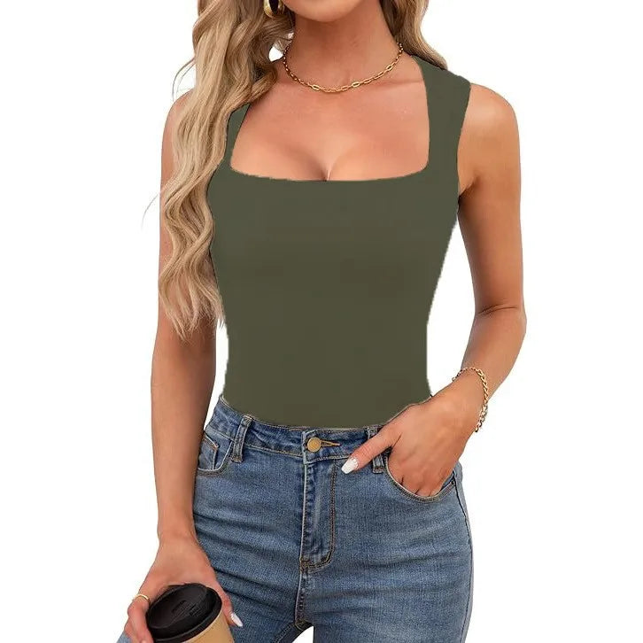 Sexy Slimming T-Shirts for Women Fashion Square Neck Sleeveless Tops Harajuku Tanks Woman Clothes Casual Top Tees Streetwear