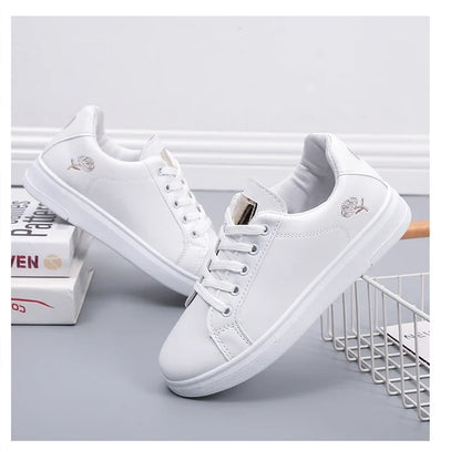 Women Leather Pu Casual Shoes New 2025 Woman Shoes Fashion Embroidered White Sneakers Breathable Flower Lace-Up Women Sneakers