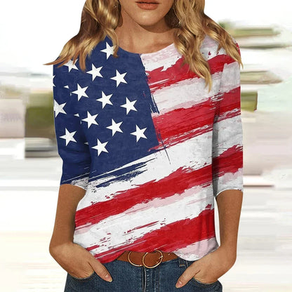 2024 New Women's American Flag Pattern Long Sleeve T-Shirt Designer Trendy Clothing Casual Pullover Round Neck Fashion T-Shirt