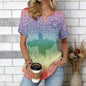 Women Print Notched V Neck Short Sleeve Casual Loose Tunic Tops