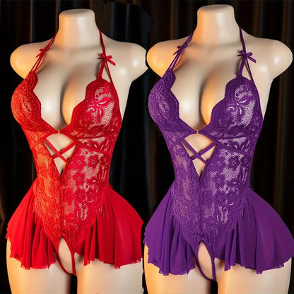 Transparent RedWomen Open Bodysuit Crotchless Sexy Temptation Adult Erotic Lingerie Teddy Body Suit Pajamas V-neck Hot Underwear