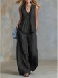 Fashion Pleated V-neck Sleeveless Women's Tops 2-piece Summer Casual Loose Wide-leg Trousers Female Elegant Office Trousers Set