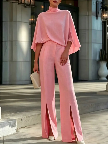 Autumn Women's Half Turtleneck Shawl Top Fashion Slit Wide Leg