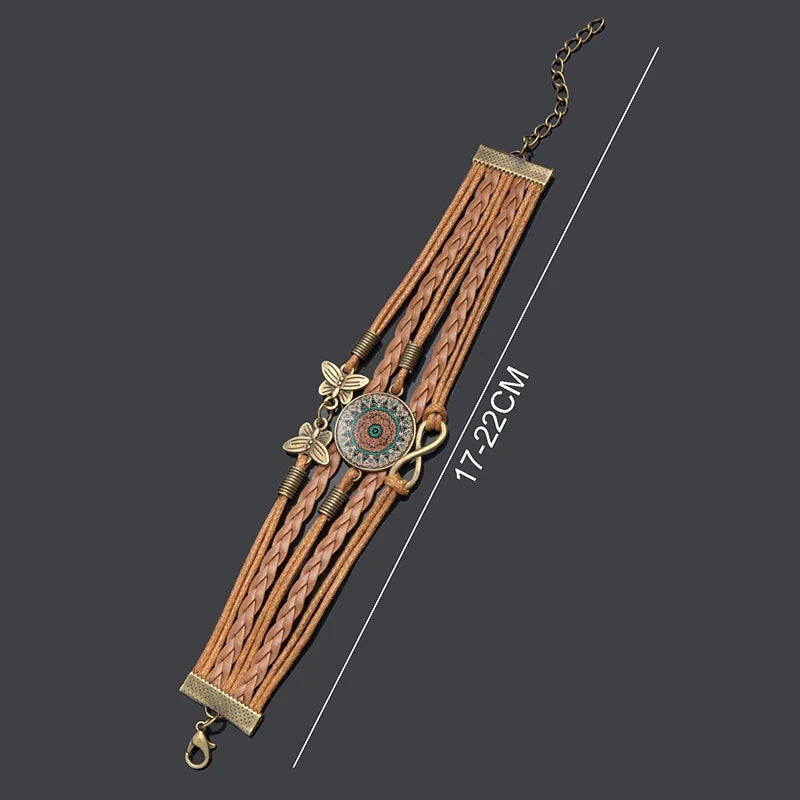 Classic Mandala Butterfly Infinity Charm Bracelet Vintage Multilayer Brown Woven Leather Bracelets For Women Men