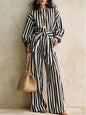 Women New Striped Long-sleeved Shirts Trousers 2piece Set Fashion Casual Ultra-short Top Waisted Lace-up Loose Wide-leg Long Set