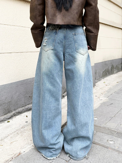 American Retro Heart-Shaped Leopard Print Patchwork Women's Loose High-Waisted Blue Wide-Leg Jeans, Street Fashion Niche Design Versatile Trousers