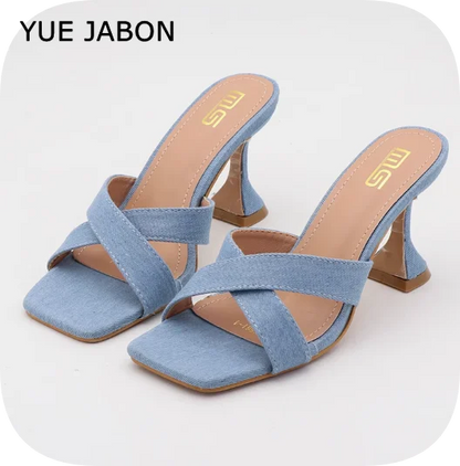 Blue Women's Shoes Fashion Summer Women's Slippers Square Toe Solid
