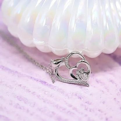 Huitan Sweet Paw Print Shaped Women Pendant Necklace Double Heart Elegant Accessories Inlaid Shiny CZ for Wedding Daily Jewelry