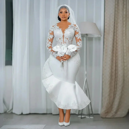 Modern African White Mermaid Civil Wedding Dress Ankle-Length Ruched Long Sleeves Bridal Gown Plus Size Bride Dresses Customized