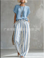 Fashion Linen Printed Striped Trousers Short-sleeved Women 2piece Set Summer New Retro Loose Wide-leg Trousers Female Casual Set