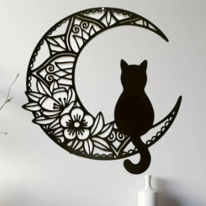 HelloYoung Black Cat On The Moon Wall Pediments, Cat And Moon Metal Wall Decor, Cat Wall Sculpture for Cats Lover, Home Decor