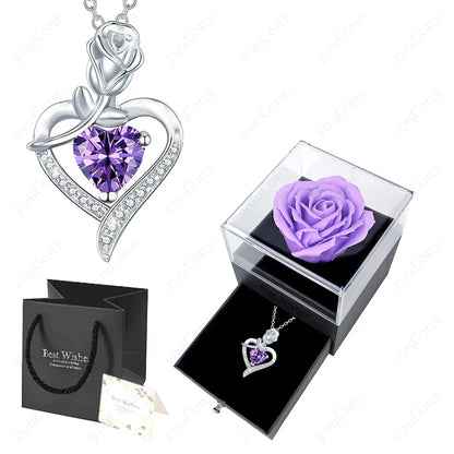 Luxury Red Zircon Heart Necklace With Rose Flower Gift Box For Girlfriend Birthday Valentine Gift  Romantic Accessories