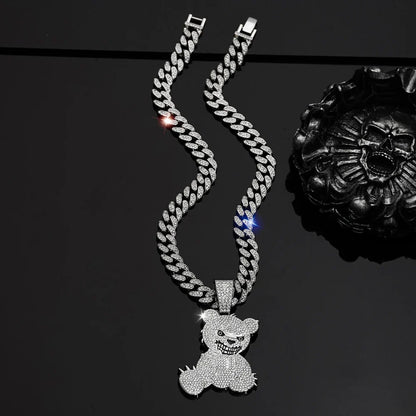 Hip Hop Aggressive Bear Pendants Necklaces with Miami Cuban Link Chain Brown Bear Men's Women Choker Collar Jewelry Accessories