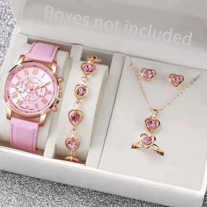 Fashion Women's Quartz Watch Leather Band Analog Wrist Watches Heart Rhinestone Jewelry Set(With Exquisite Gift Box)