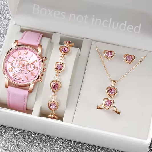 Fashion Women's Quartz Watch Leather Band Analog Wrist Watches Heart Rhinestone Jewelry Set(With Exquisite Gift Box)