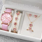 Fashion Women's Quartz Watch Leather Band Analog Wrist Watches Heart Rhinestone Jewelry Set(With Exquisite Gift Box)