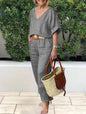 2 Piece Sets Women Outfit Women Suits Gray V-Neck Short Sleeve Tops