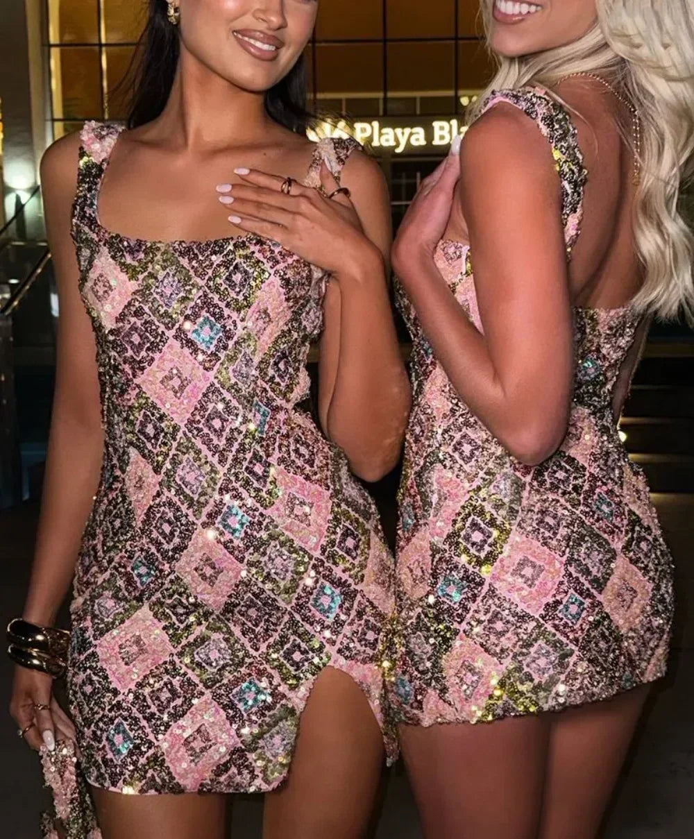 Colorful Rhombus Sequins Sexy Mini Dress Elegant Chic Straps Slit Bodycon Party Dresses Summer Holidays Evening Women Dress 2025