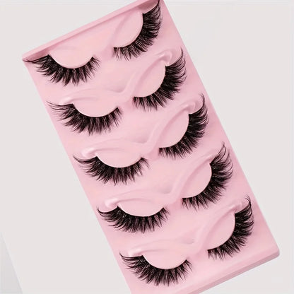 5 Pairs False Eyelashes - Natural Long, Cat Eye Style, Winged Tips, Manga Lashes for Eye Elongation