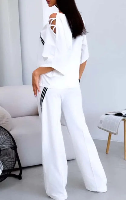 Women's White Sports Shirt+casual Pants Cotton