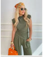 Casual Solid Color Two Piece Set Woman Outfit 2025 Summer Fashion Slim High Waist Tops And Trousers Pant Sets Suit