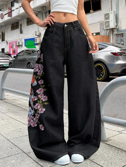 American Retro Tiger Flower Embroidered Black Loose Wide-Leg Jeans For Women, Street Hip-Hop Fashionable And Versatile Trousers