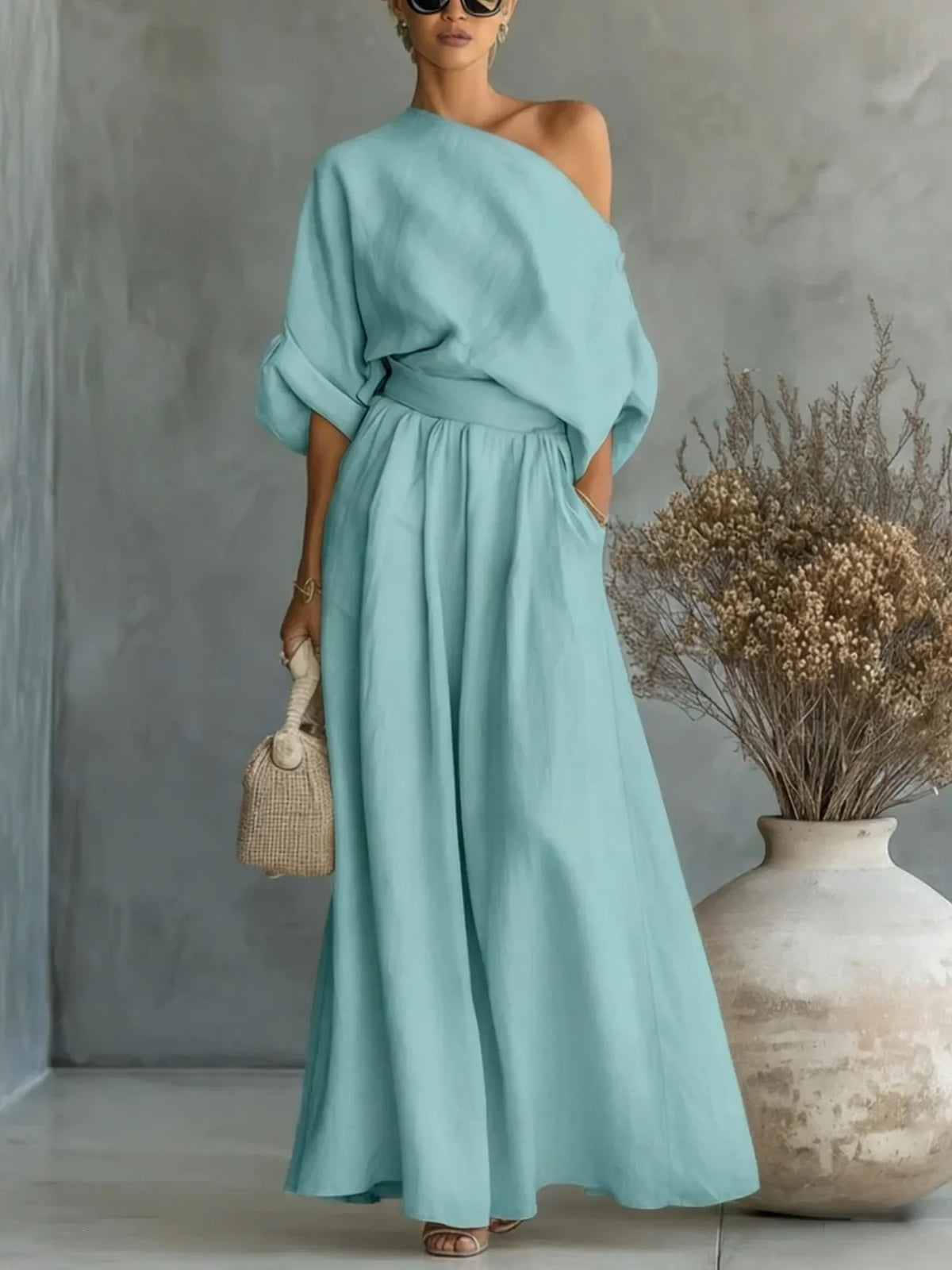 Elegant Two-Piece Short Sleeve Top & Casual Pants Set Woman Sexy Slash