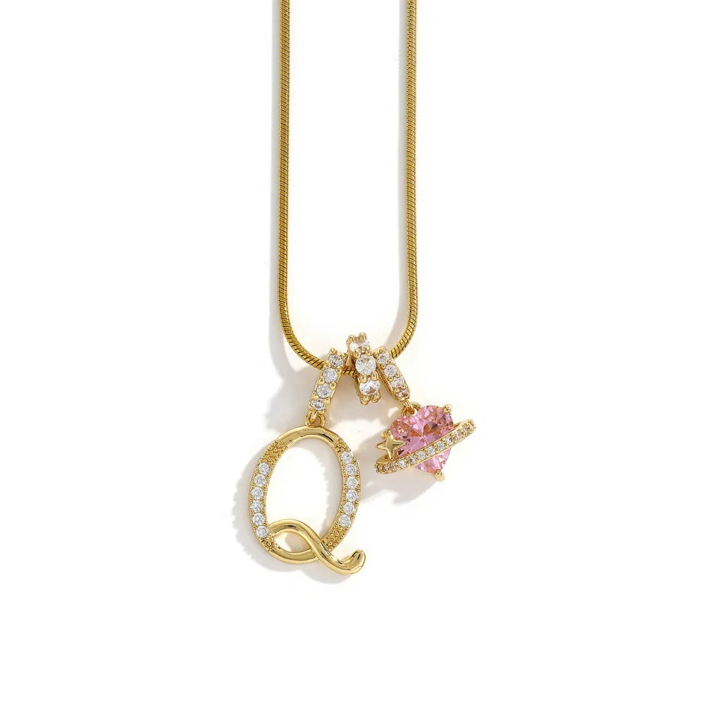 Gold Color Zircon Flower Pendant Necklace Female A-Z 26 Letter Alphabet Wedding Jewelry Gift for Women
