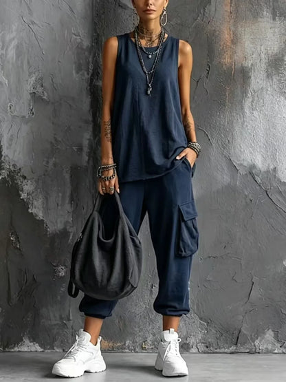 Boho Vacation Summer Sport Outfits Woman O Neck Sleeveless Top Big