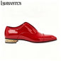 Gold Geometric Heel Patent Leather Mens Loafers Polished Glossy Upper Red Lining Formal Dress Shoes Embossed Gold Heel Loafers