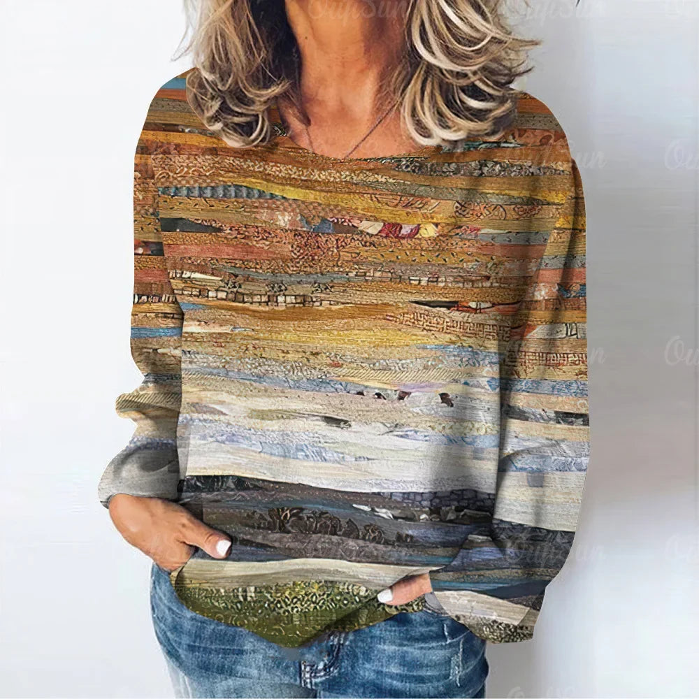 Women's Natural Scenery Printed Long Sleeve T-Shirt Casual Ladies Tops Daily Loose Clothes Retro Casual Fashion Ladies T-Shirt