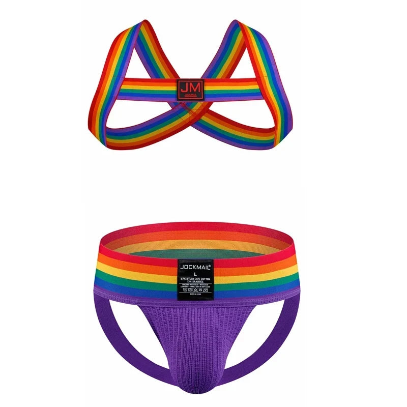 Sexy Mens Harness Underwear Sets Gay Underwear Lingerie Bondage Belts Fetish Mens Jockstrap Thong Rainbow Pattern for LGBTQ