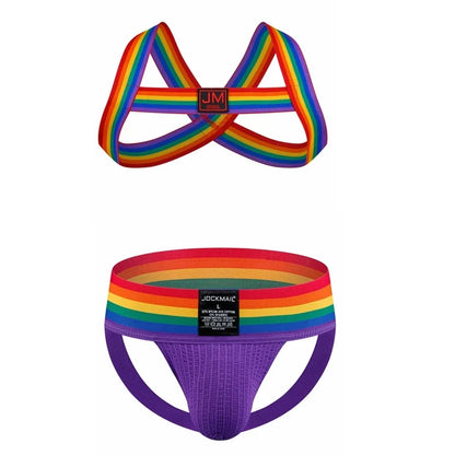 Sexy Mens Harness Underwear Sets Gay Underwear Lingerie Bondage Belts Fetish Mens Jockstrap Thong Rainbow Pattern for LGBTQ