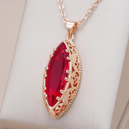 Elegant Luxury Leaf Shape Red Synthetic Zirconia Dangle Necklace for Women Fashion Charm Rose Golden Banquet Anniversary Jewelry