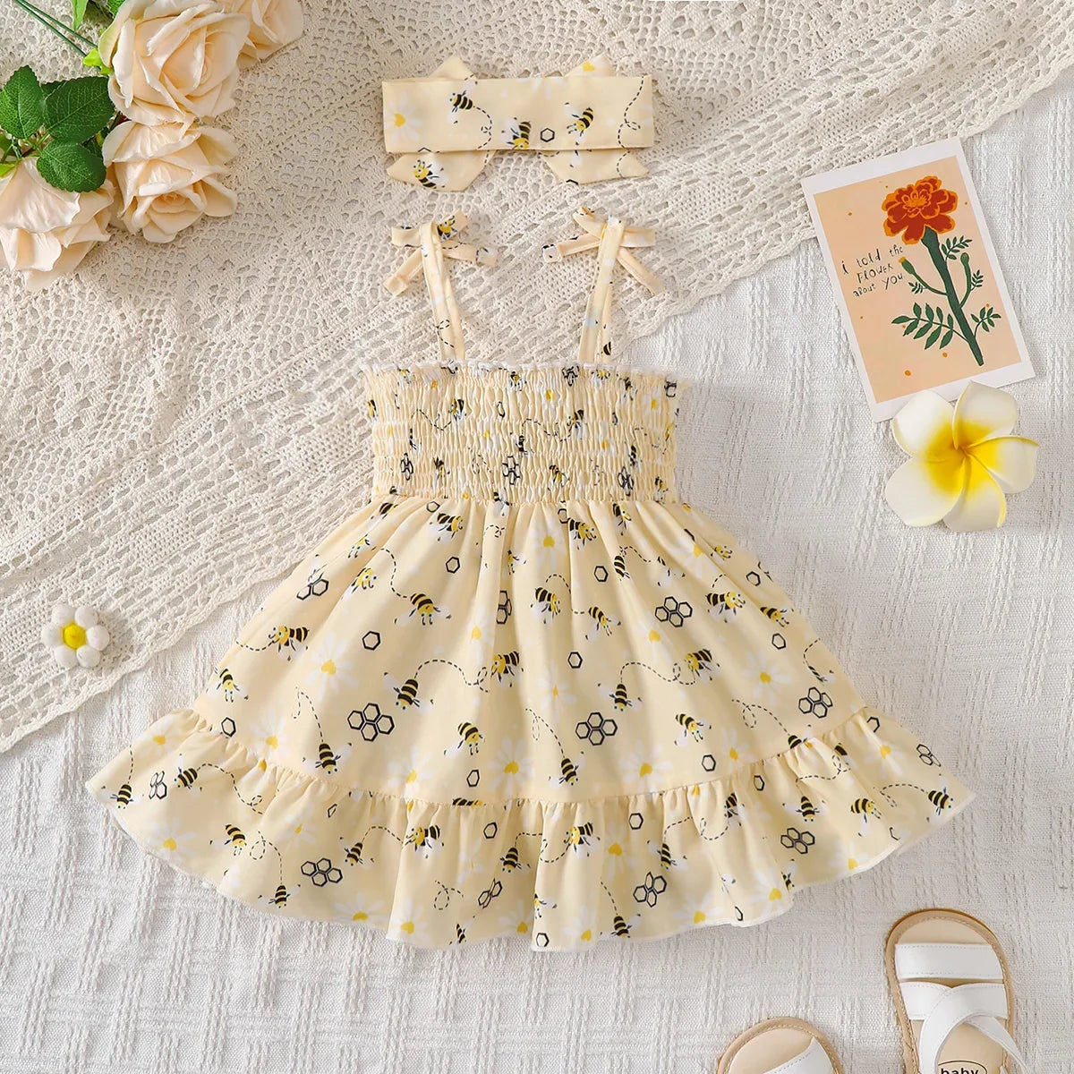 Baby Girl Summer Dress Cute Little Bee Ruffled Suspender Dress and