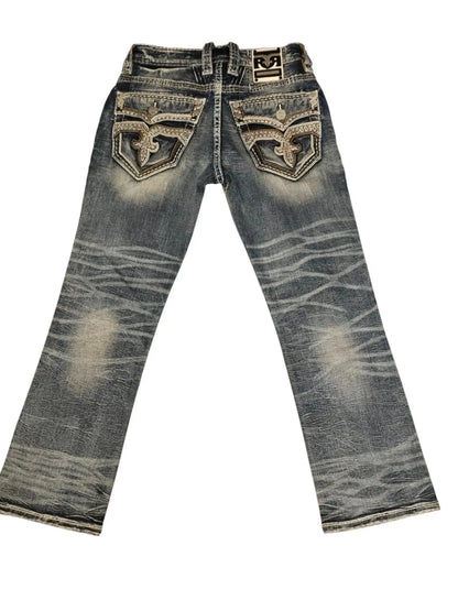 Rock Retro Boot Jeans Blue Leather Inserts Men Women Pocket Embroidery Denim Pants Y2k Gothic Low Waist Wide Leg Straight Jeans