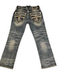 Rock Retro Boot Jeans Blue Leather Inserts Men Women Pocket Embroidery Denim Pants Y2k Gothic Low Waist Wide Leg Straight Jeans