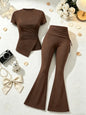 2 Pcs Women Crew Neck Side Ruched Split Hem Short Sleeve Tee High