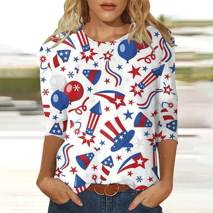 2024 New Women's American Flag Pattern Long Sleeve T-Shirt Designer Trendy Clothing Casual Pullover Round Neck Fashion T-Shirt