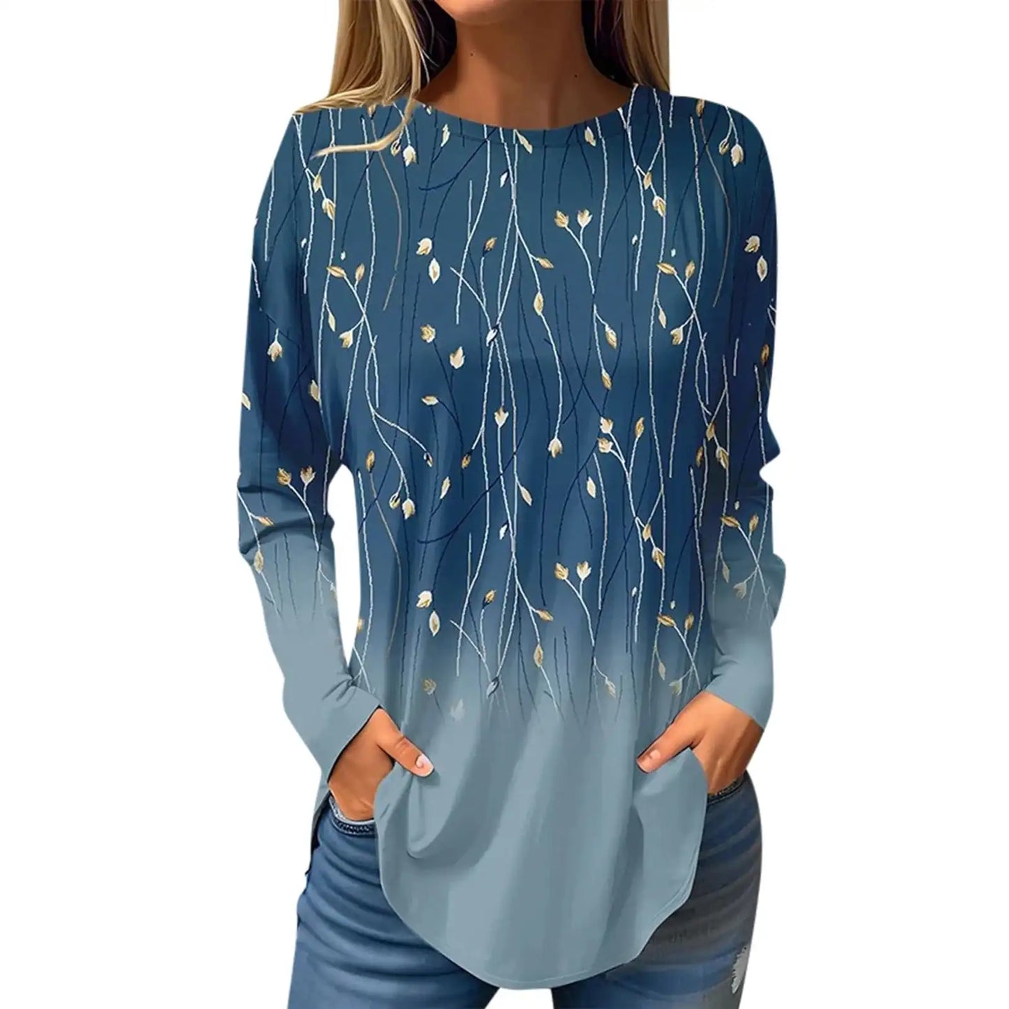 2024 women's fashion tops long sleeve round neck pullover casual long sleeve t-shirt new 3d printed gradient printed t-shirt